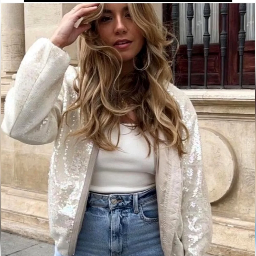 ZARA SEQUINED BOMBER JACKET BEIGE SIZE S_4